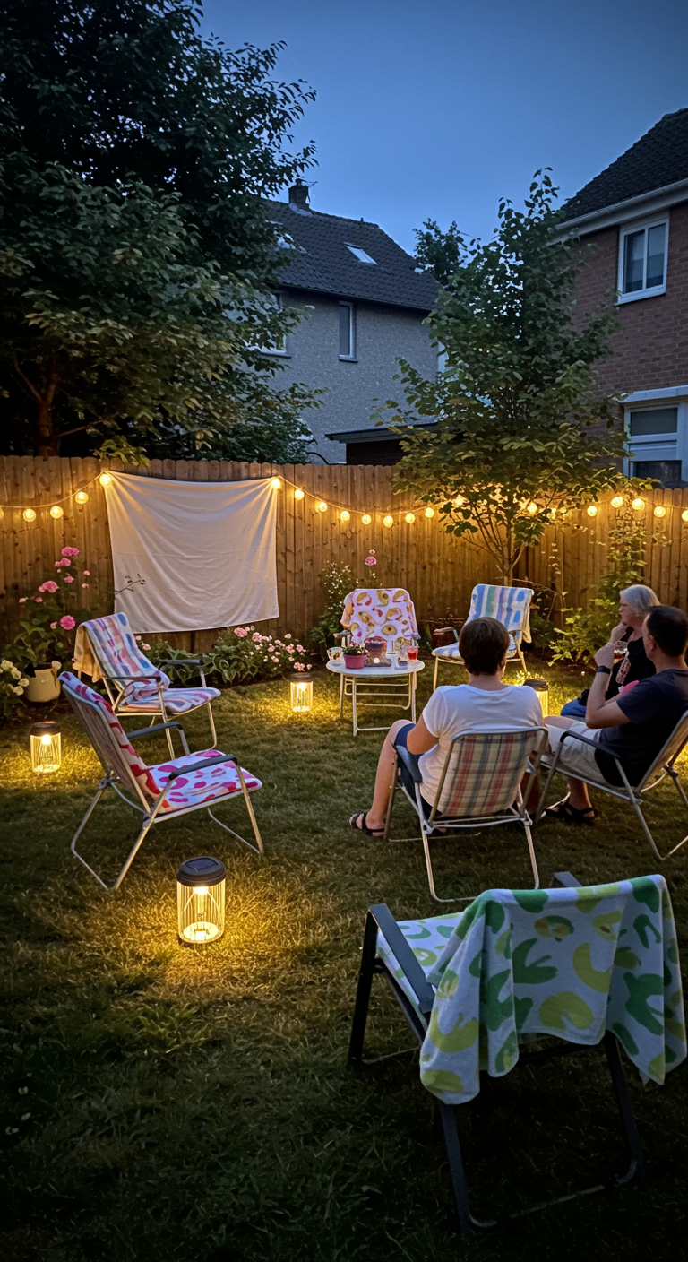 Tuin ingericht als buitenbioscoop met een wit scherm, stoelen en sfeerverlichting.