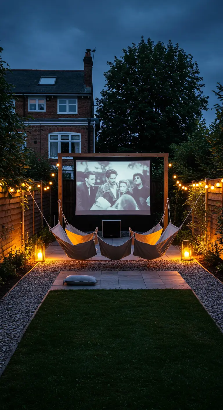 Drie hangmatten voor een groot projectiescherm in de tuin, met lichtslingers en lantaarns.
