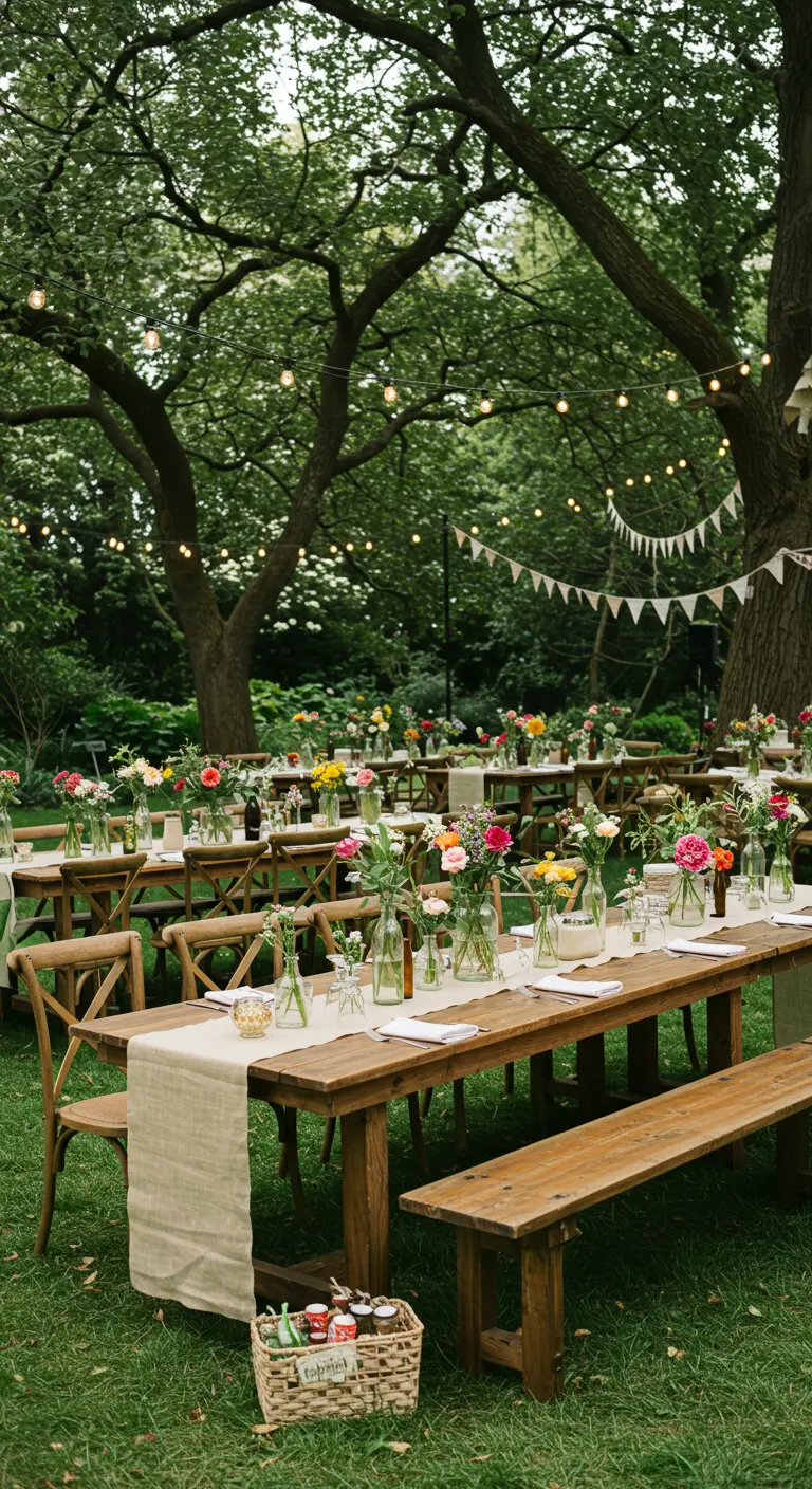 Langwerpige houten tafels in een tuin, versierd met diverse vaasjes met bloemen en lichtslingers.