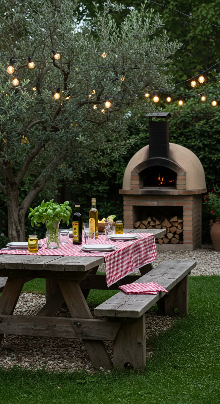 Tuin met pizza-oven, picknicktafel, basilicum, olijfboom met sfeerlichtjes.
