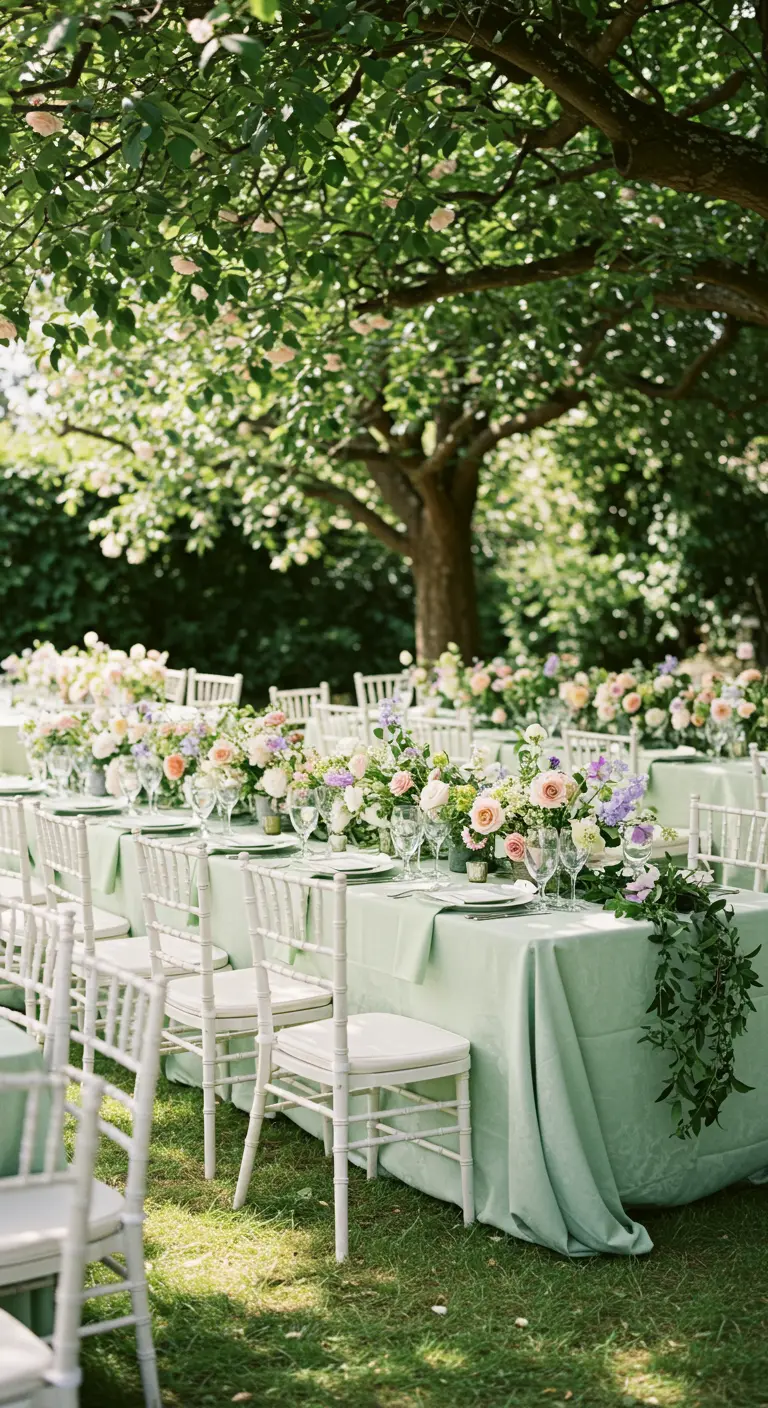 Lange tuintafel met mintgroen laken en een weelderige pastelkleurige bloemengarland.