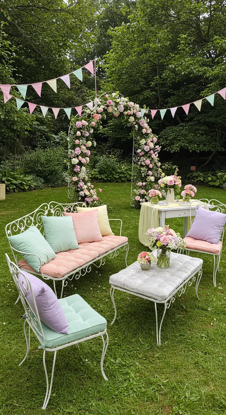 Tuinsetting met pastel fluwelen kussens op witte bankjes en bloemenboog.