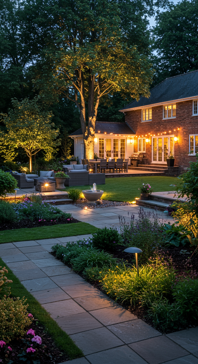 Grote, gelaagde tuin met diverse soorten verlichting die paden, planten en terras accentueren.