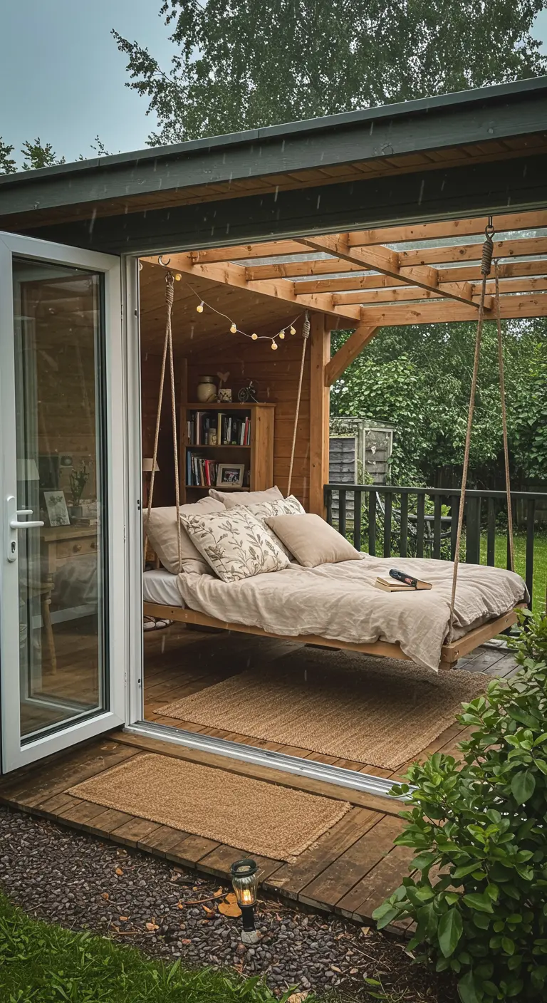 Hangend bed met licht beddengoed op een overdekte veranda van een tuinhuis, met uitzicht op de tuin.