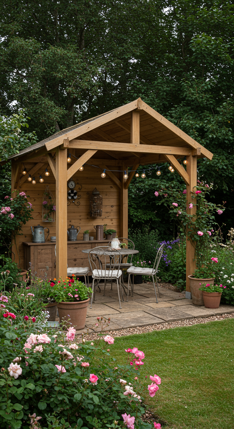 Houten tuinhuis-pergola met puntdak, lichtsnoer en bistrosetje in een bloemrijke tuin.