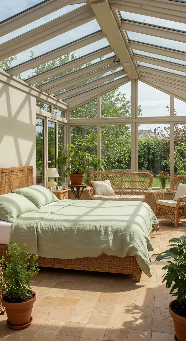 Slaapkamer in serre met beige muren, mintgroen linnen, rotan meubels en veel planten.
