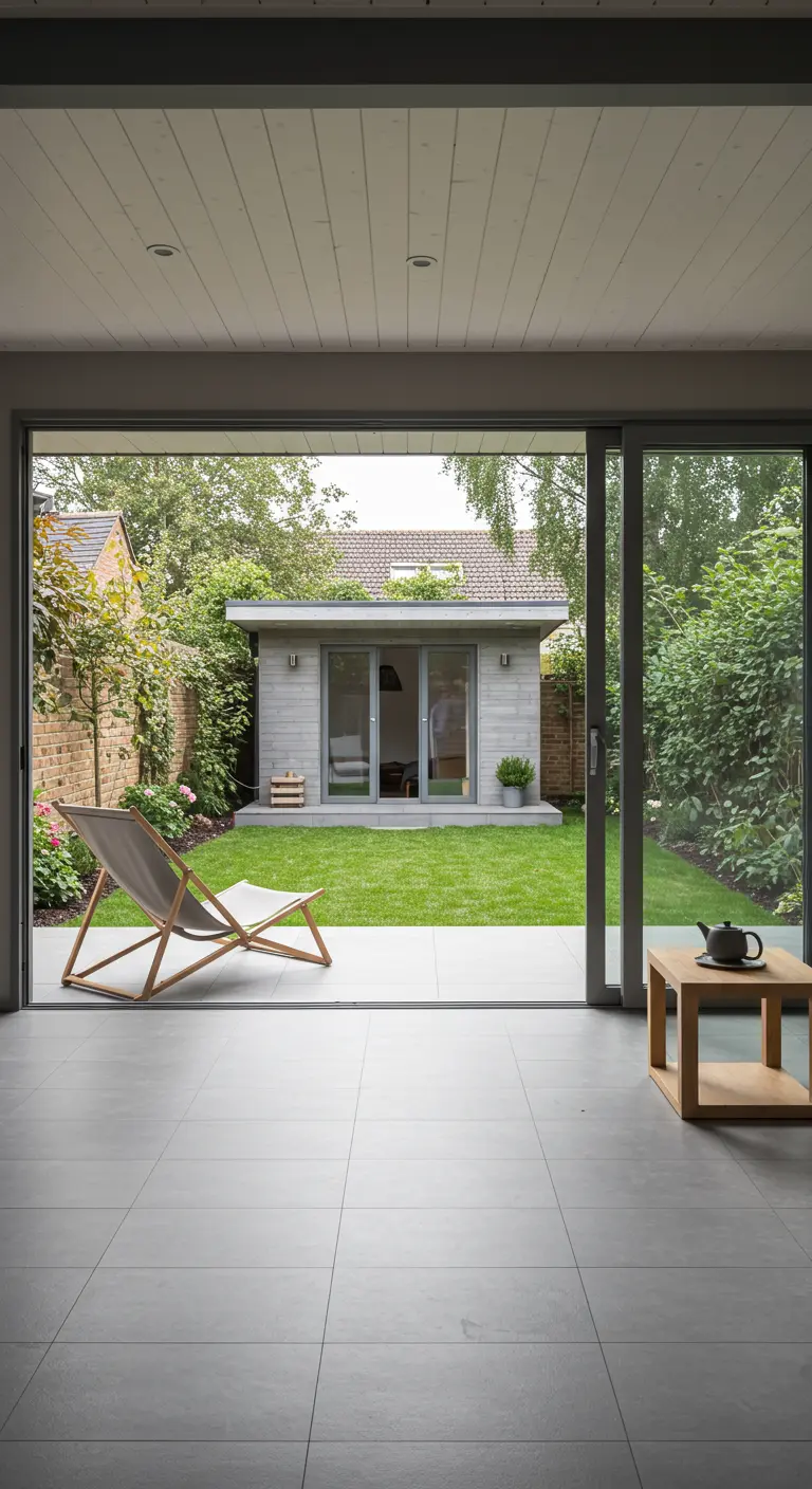 Lichtgrijze lounge stoel met houten frame in een open tuinkamer die uitkijkt op een groene tuin.