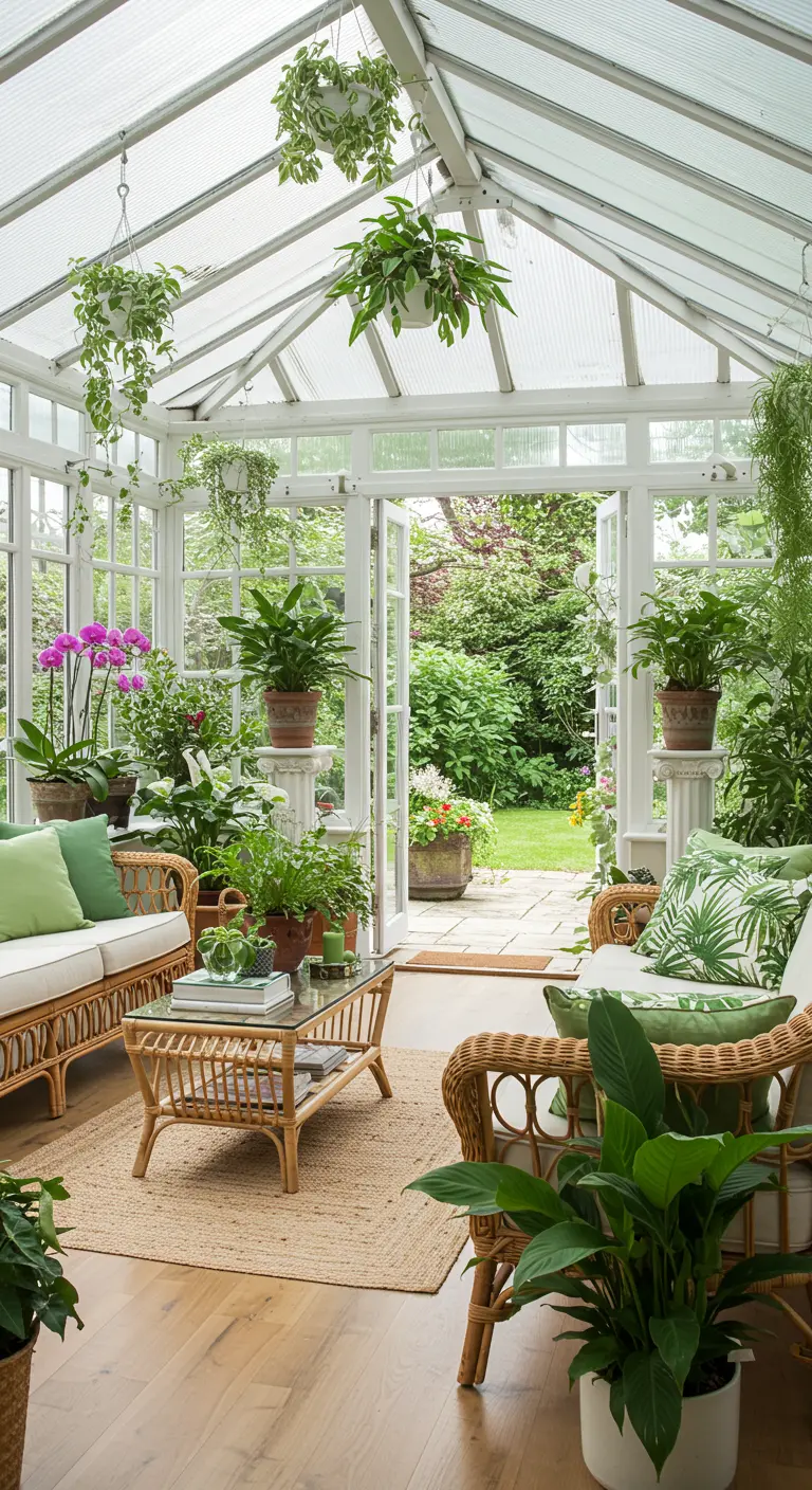 Lichte tuinkamer met rotan meubels, veel planten en uitzicht op een groene tuin.