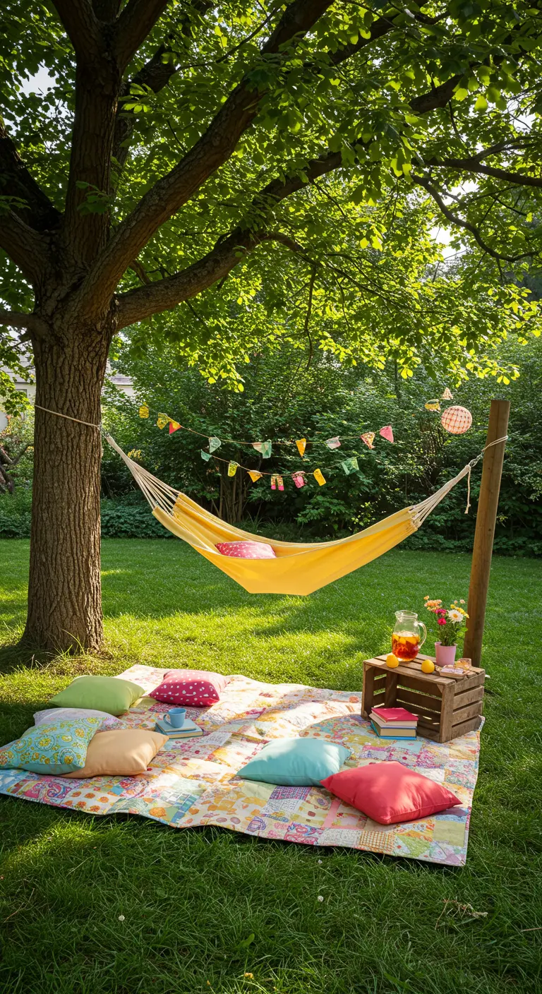 Gele hangmat in een tuin met picknickkleed, kleurrijke kussens en vlaggenlijn.
