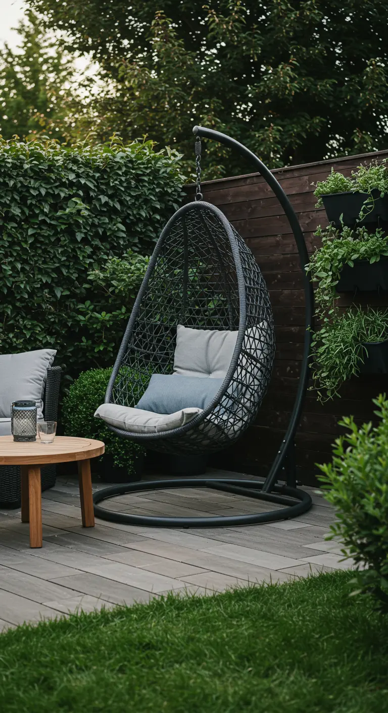 Grijze eivormige hangstoel met standaard op een houten vlonder in een groene tuin.