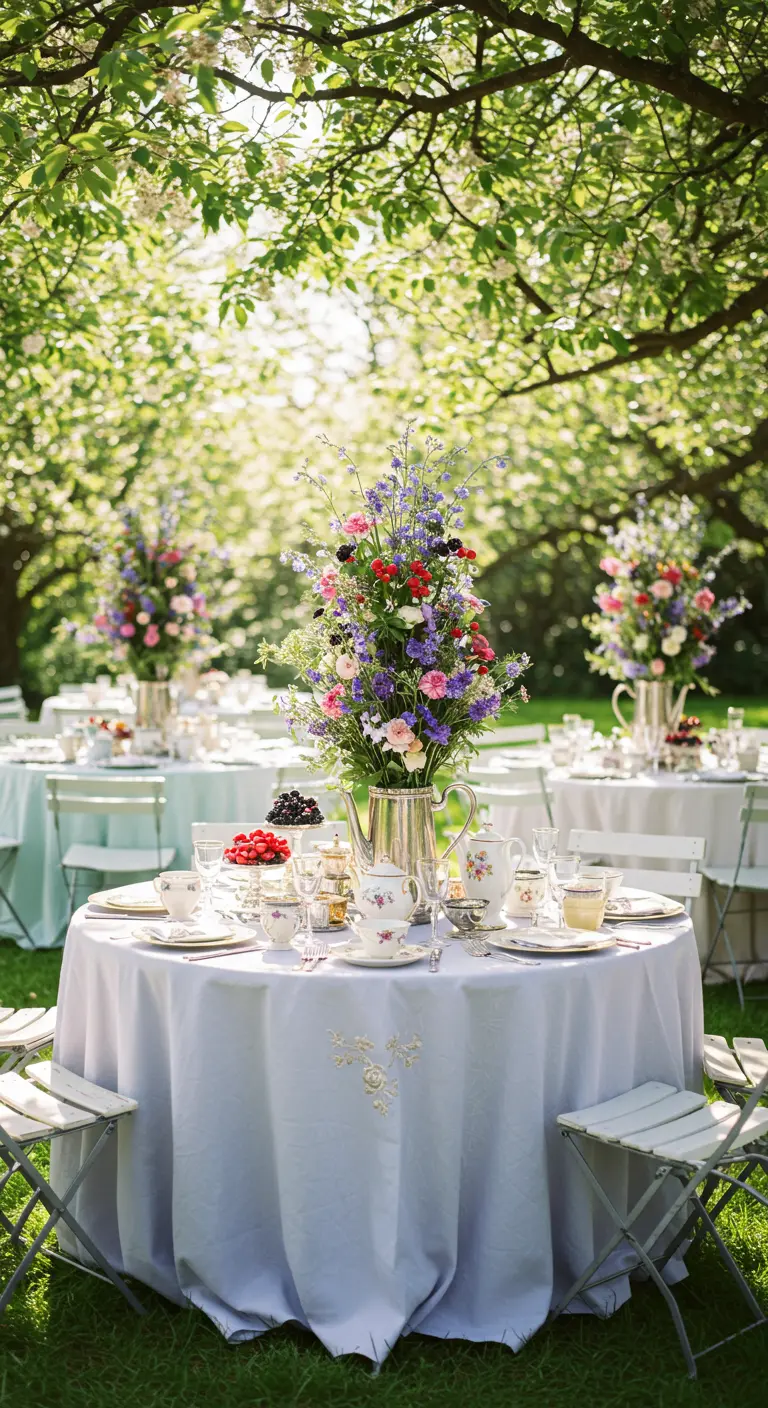Ronde tafel in tuin met lichtblauw kleed, veldboeket in zilveren theepot, vintage servies.