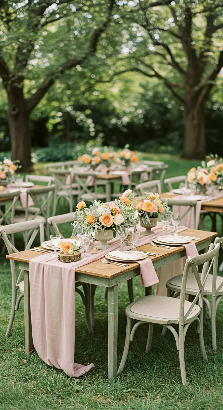 Romantische tuintafel met oudroze loper, bloemen in roze en perzik, en saliegroene stoelen.