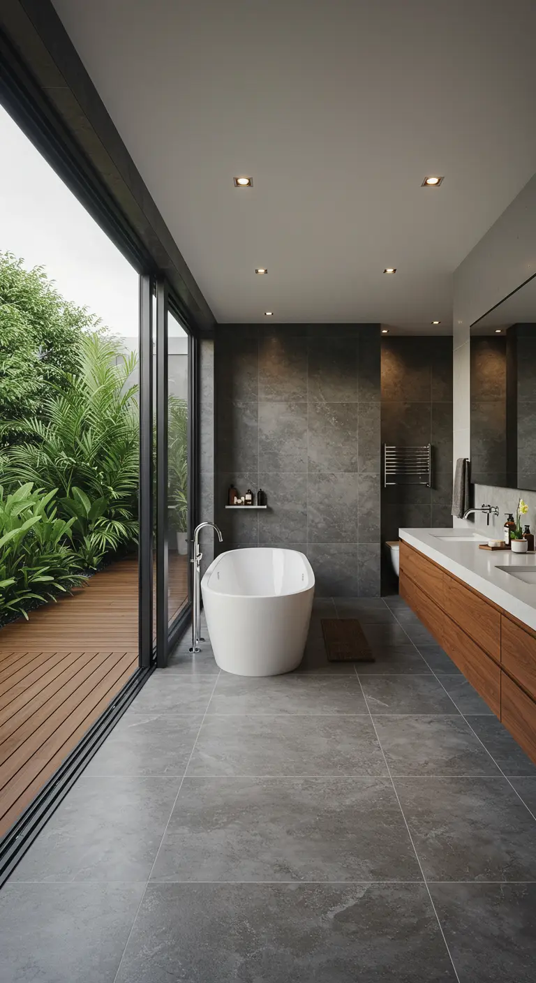 Moderne badkamer met grote glazen schuifwanden die uitkijken op een weelderige tuin.