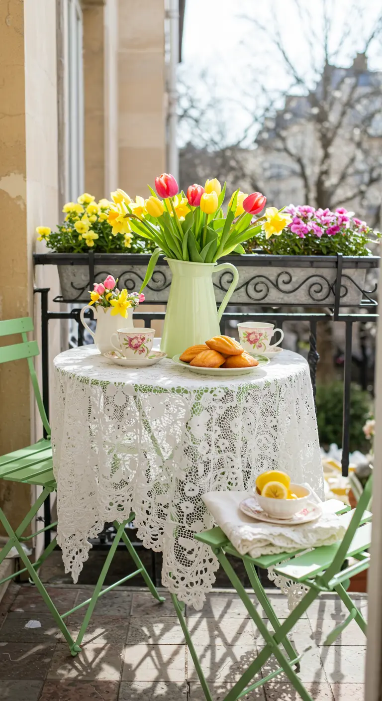 Balkontafel met kanten kleed, tulpen, madeleines en uitzicht op bloembakken.