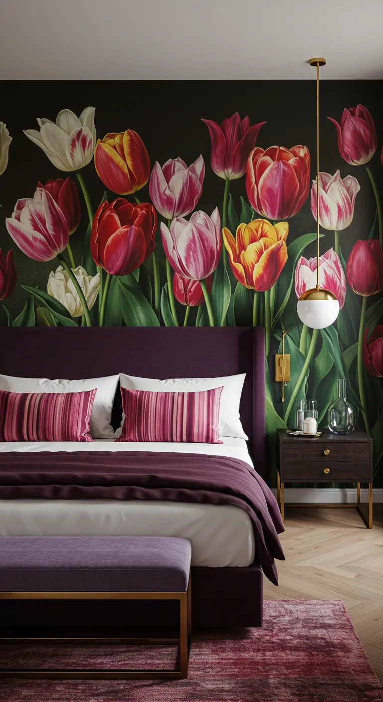 Slaapkamer met kleurrijk tulpenbehang, paars bed en bijpassende accenten.