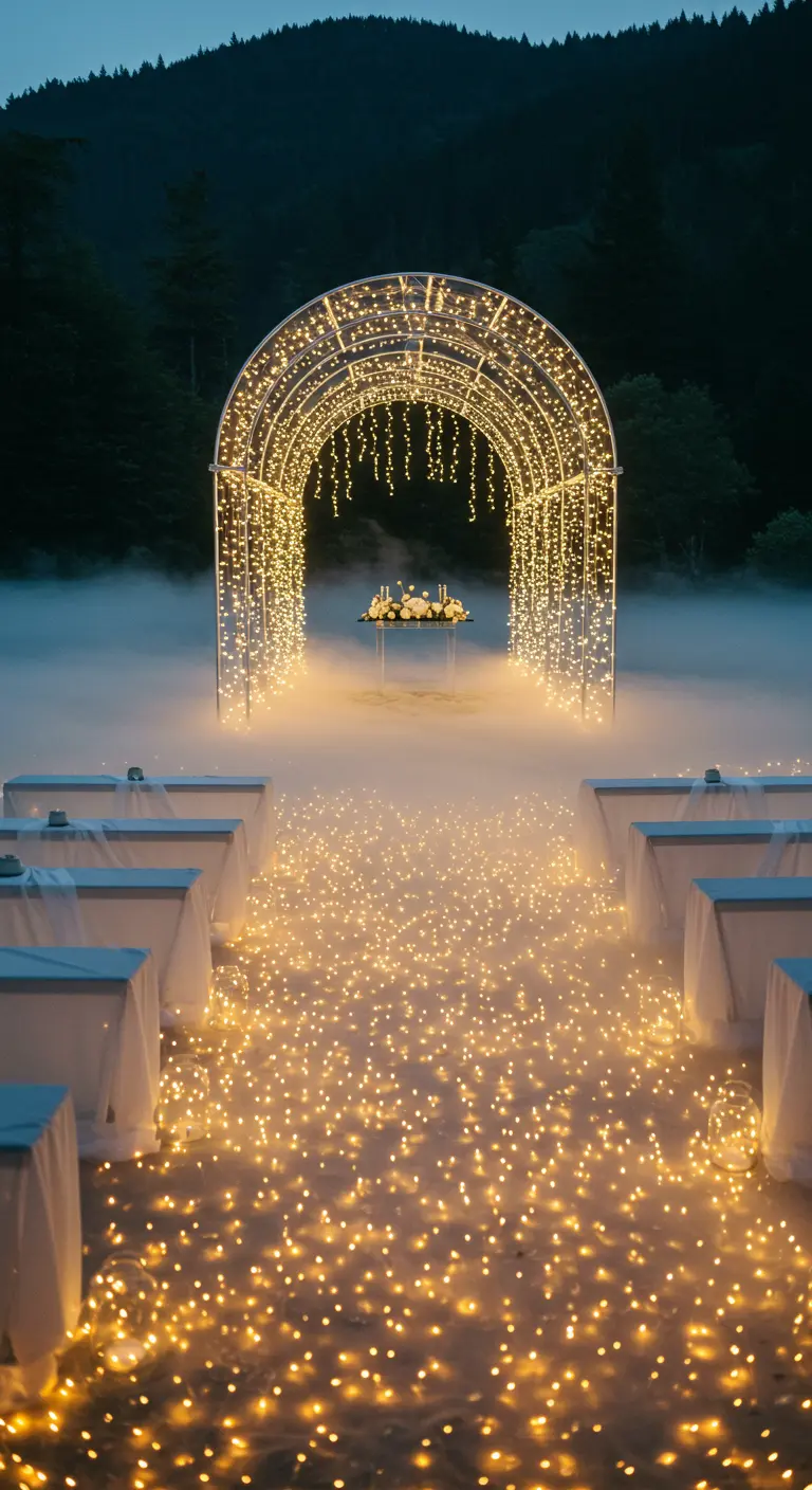 Ceremonie met tunnel van lichtslingers, nevel op de grond en verspreide lichtjes.