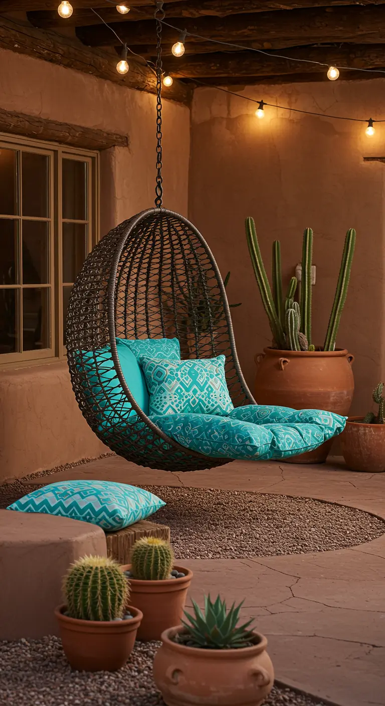 Donkere eivormige hangstoel met turquoise kussens en cactussen op een patio in woestijnstijl.