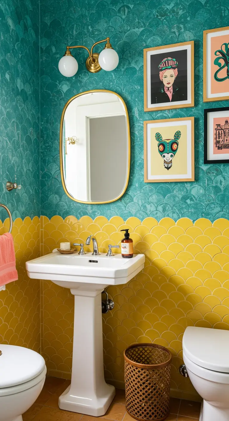 Badkamer met turquoise en gele geschulpte tegels, witte wastafel op voet en kleurrijke kunst.