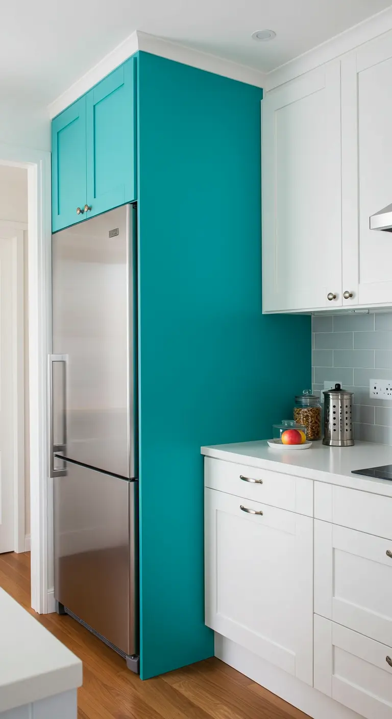 Smalle, hoge turquoise voorraadkast naast een RVS koelkast in een witte keuken.