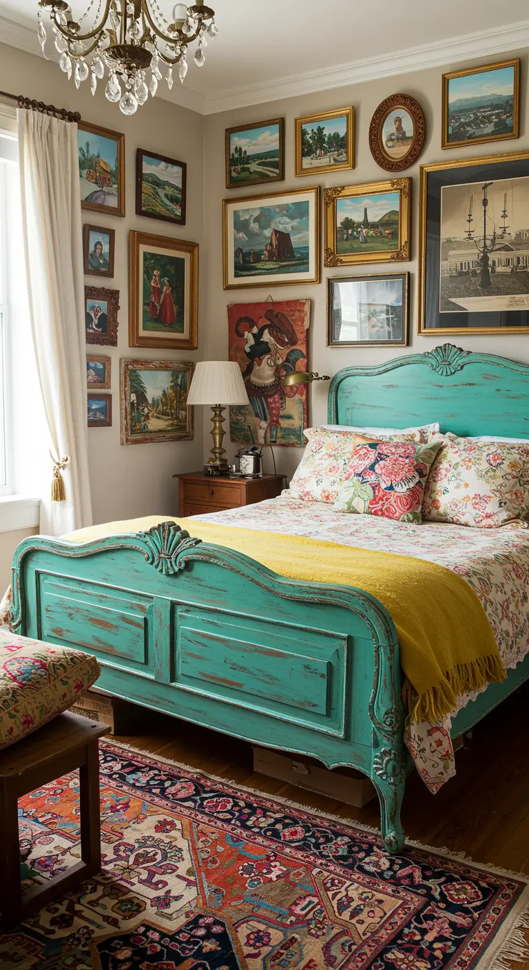 Vintage turquoise houten bedframe met verweerde look en bloemenpatronen.