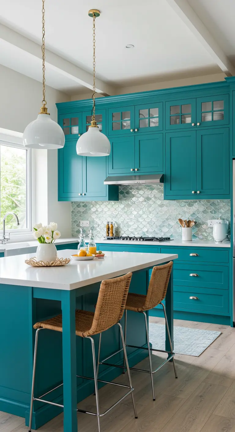 Turquoise keukenkasten met visschub tegels en rotan barkrukken.