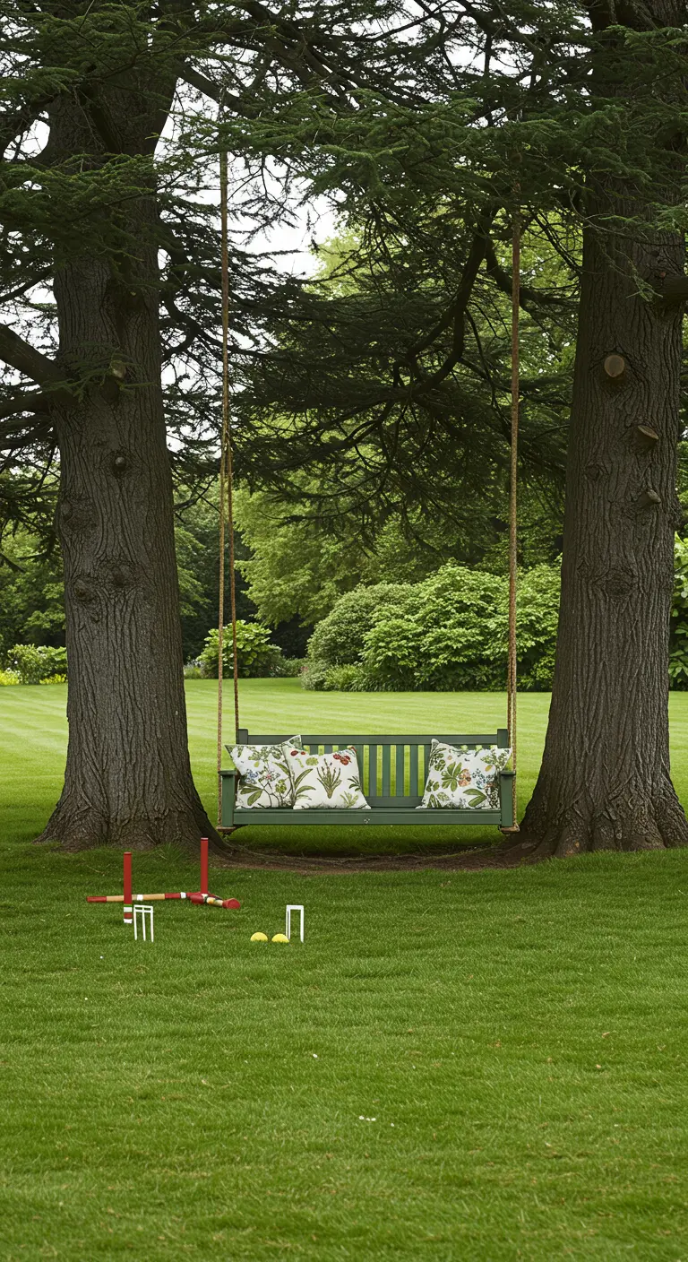 Groene houten schommelbank met botanische kussens, hangend tussen twee grote bomen.