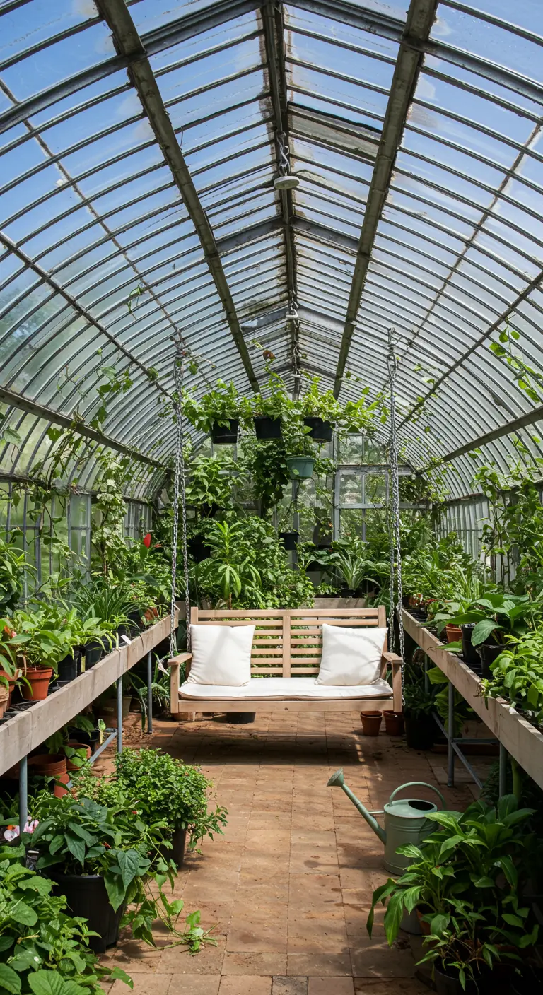 Houten schommelbank met witte kussens in een glazen kas vol planten en kweektafels.
