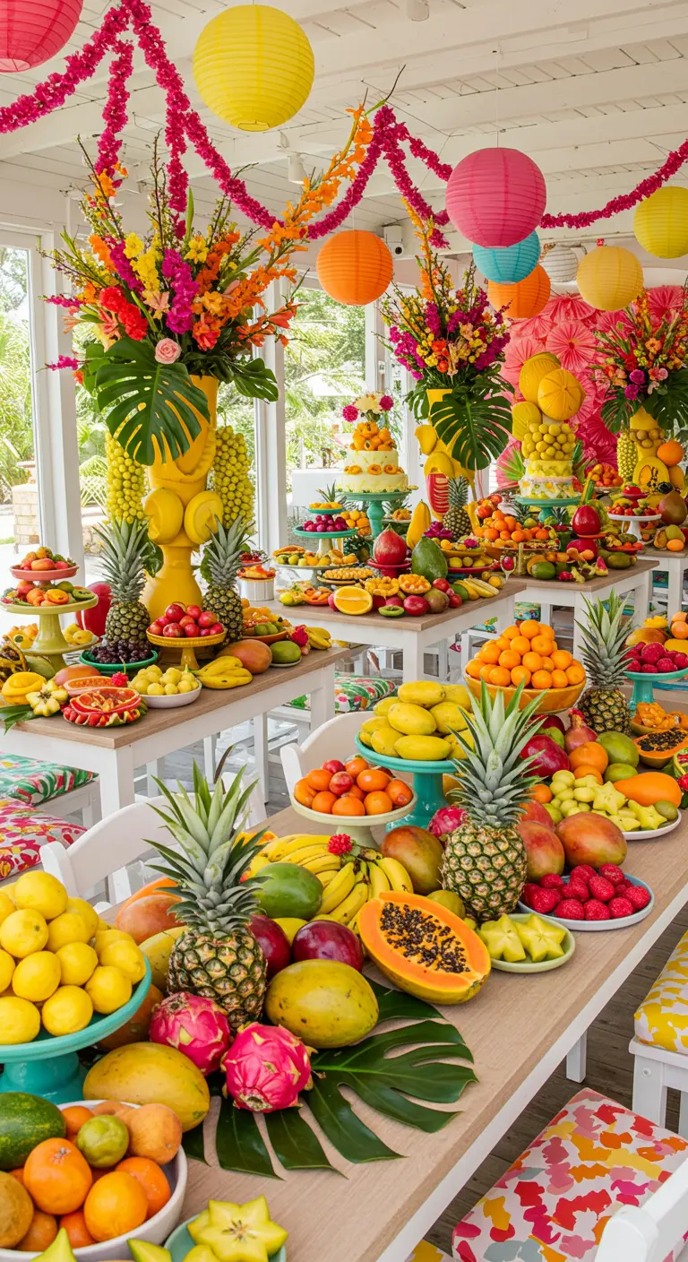 Uitbundig fruitbuffet met ananassen, citrusvruchten, kleurrijke bloemen en lampionnen.