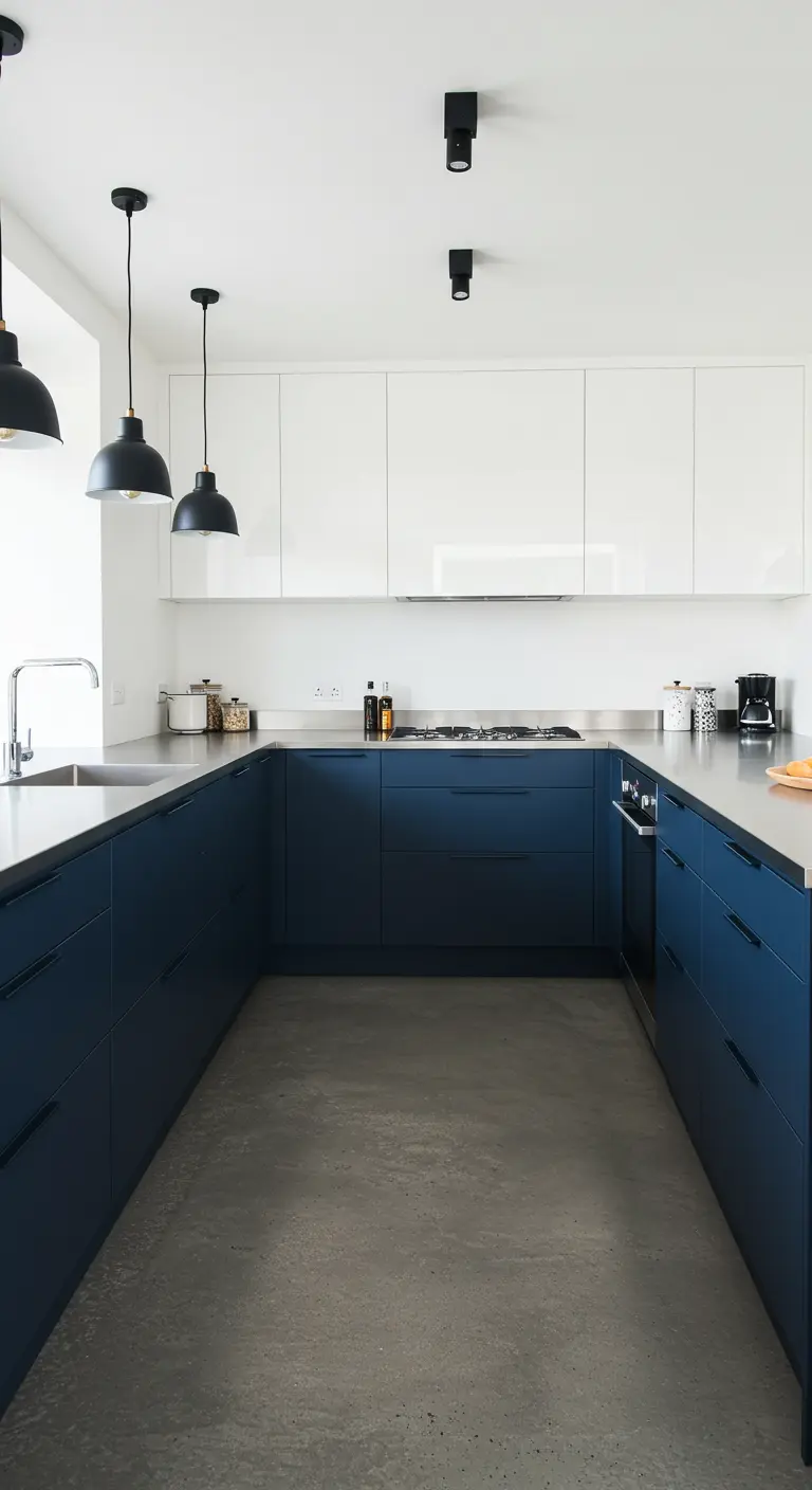 Moderne keuken met donkerblauwe onderkasten en witte bovenkasten.