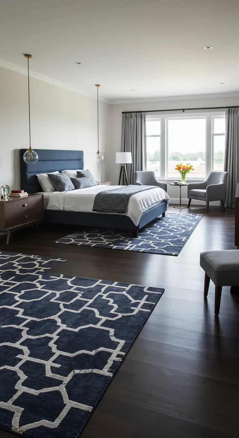 Moderne slaapkamer met twee identieke blauw-witte grafische kleden aan weerszijden van het bed.