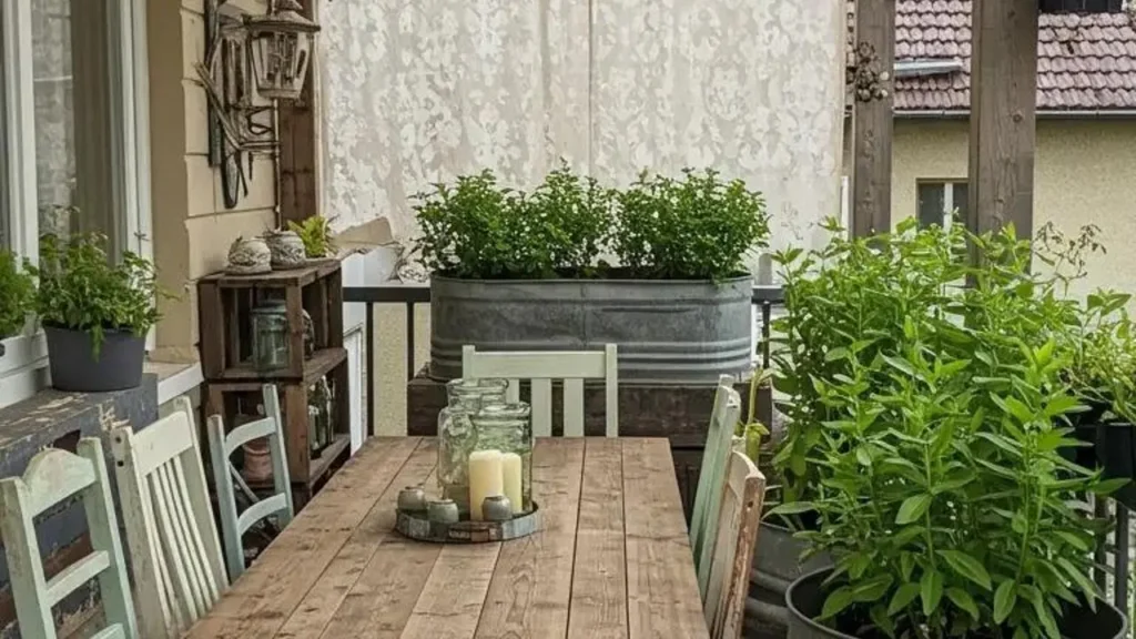 Sfeervol balkon met stijlvol hergebruikte houten meubels en groene planten in tweedehands vondsten.