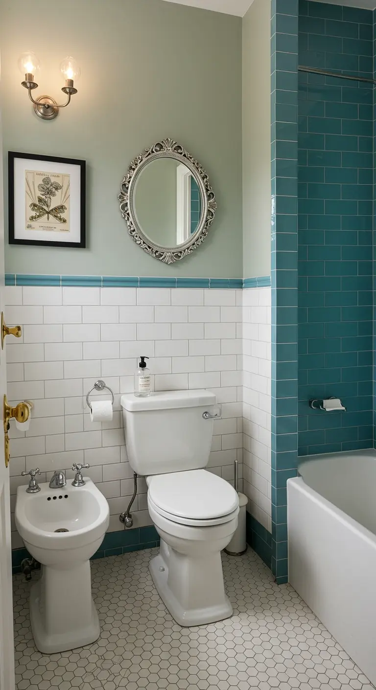 Badkamer met mintgroene muur, witte metro tegels en zilveren spiegel.