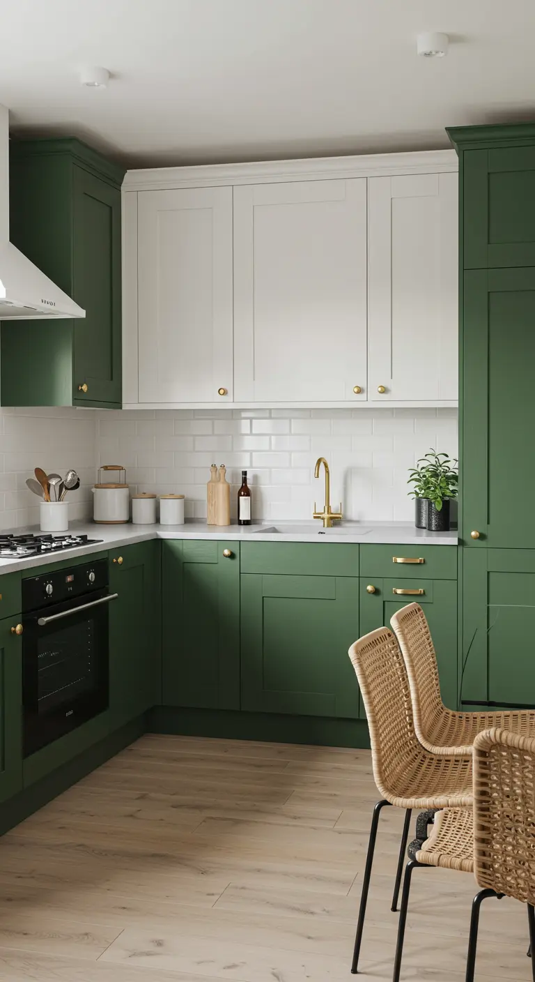 Keuken met donkergroene onderkasten, witte bovenkasten en rotan eetkamerstoelen.
