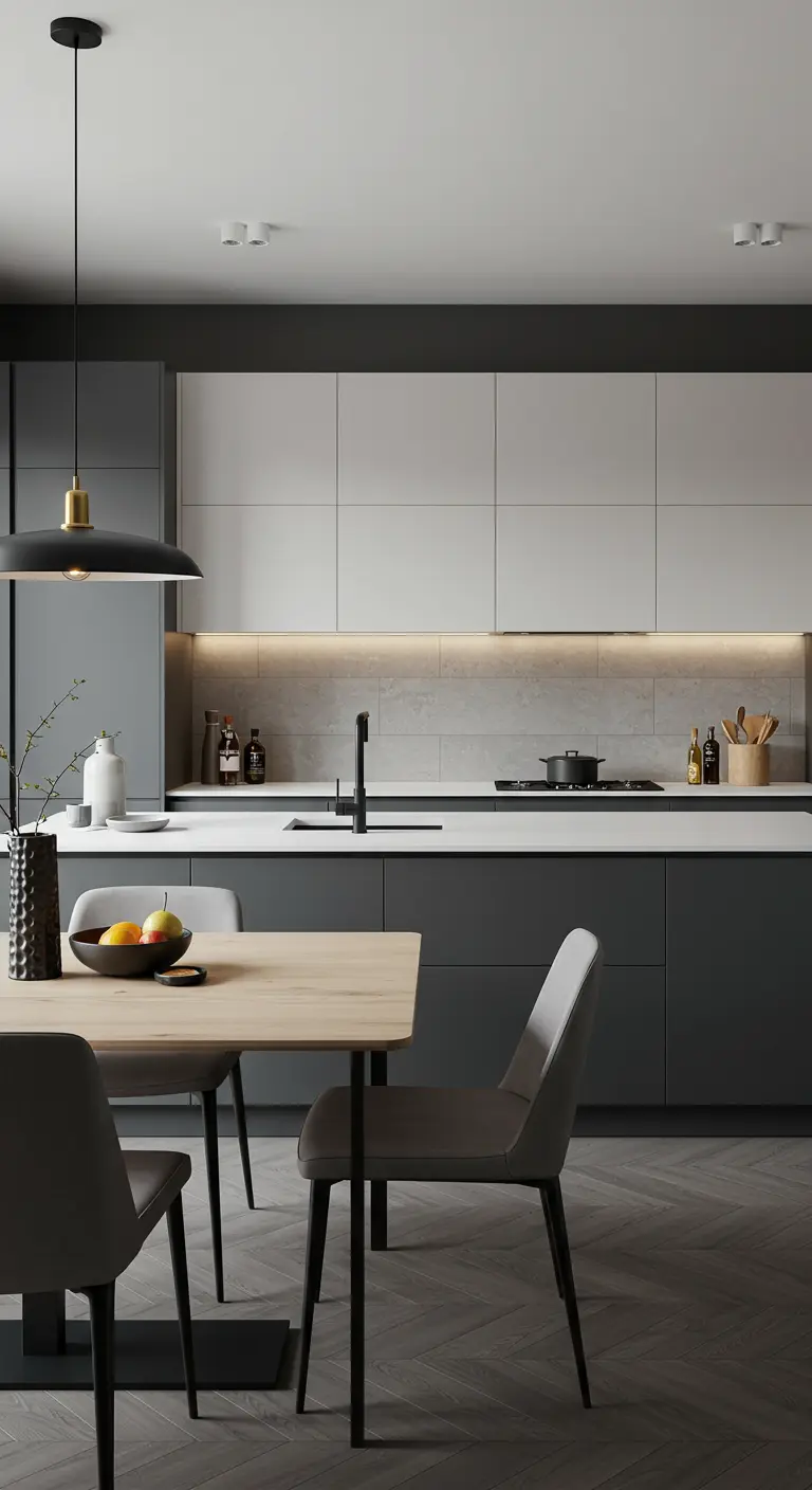 Tweekleurige matte keuken, donkergrijs onder, lichtgrijs boven.