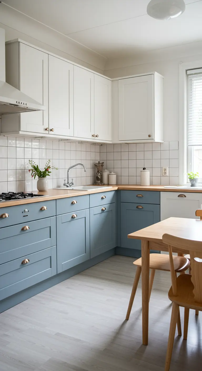 Scandinavische keuken met blauwgrijze onderkasten en witte bovenkasten.