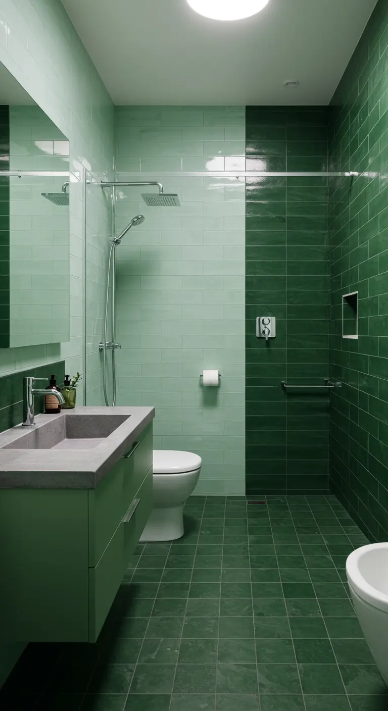 Moderne badkamer met groene tegels in twee tinten en een groen badmeubel.