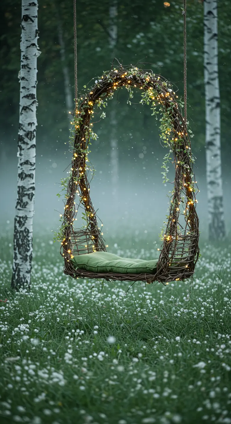 Schommel van takken, versierd met lichtjes en groen, in een mistig bos met witte bloemen.