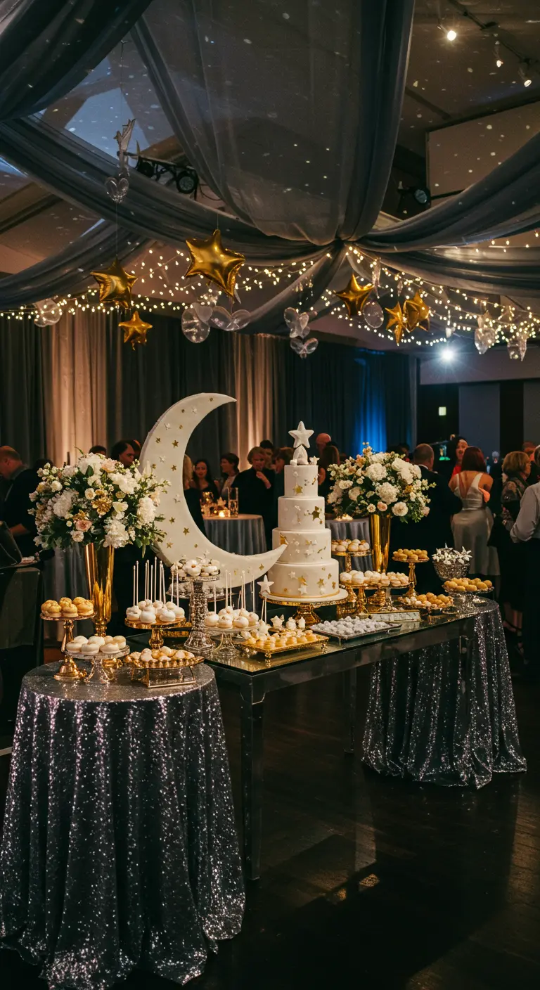 Elegante gender reveal sweet table met maan- en sterrenthema, goud en zilver.
