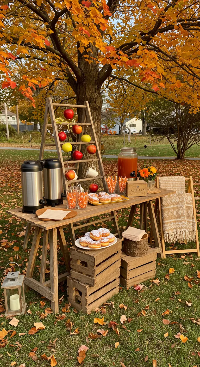 Herfst drankentafel buiten met een ladder vol appels, kratten, thermoskannen, donuts en cider.