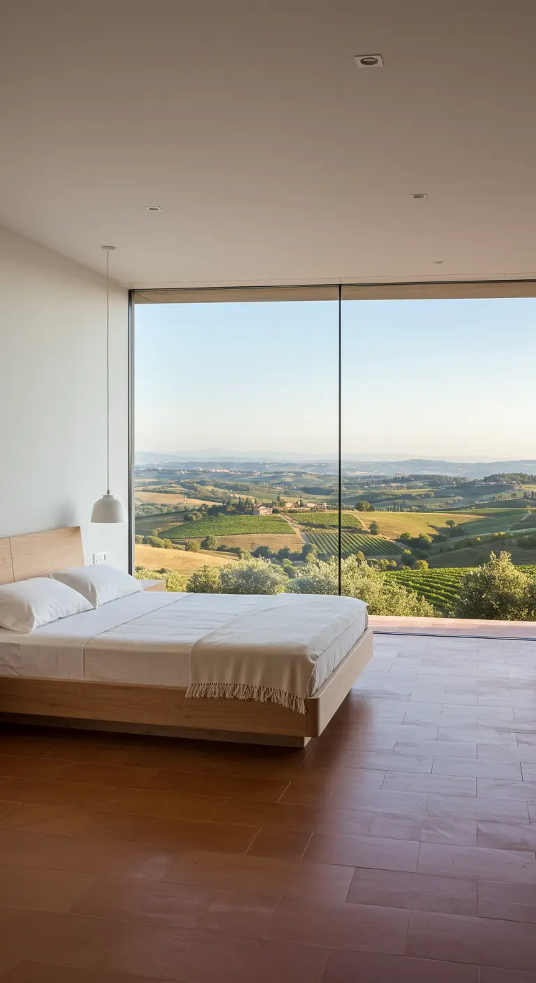 Minimalistische slaapkamer met panoramisch raam, uitzicht op wijngaard, houten bed.