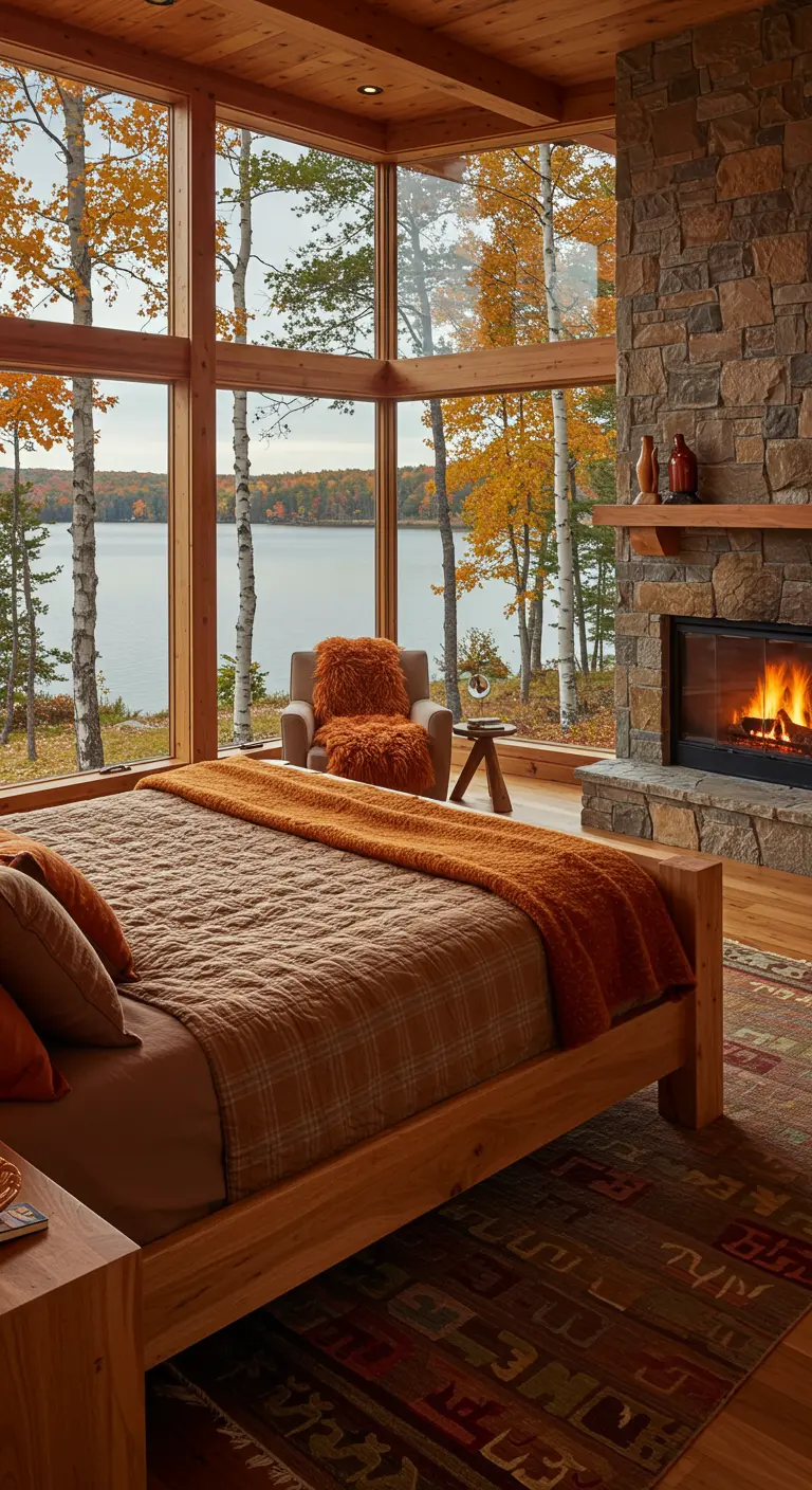 Slaapkamer met grote ramen met uitzicht op herfstbos en meer, open haard en oranje beddengoed.