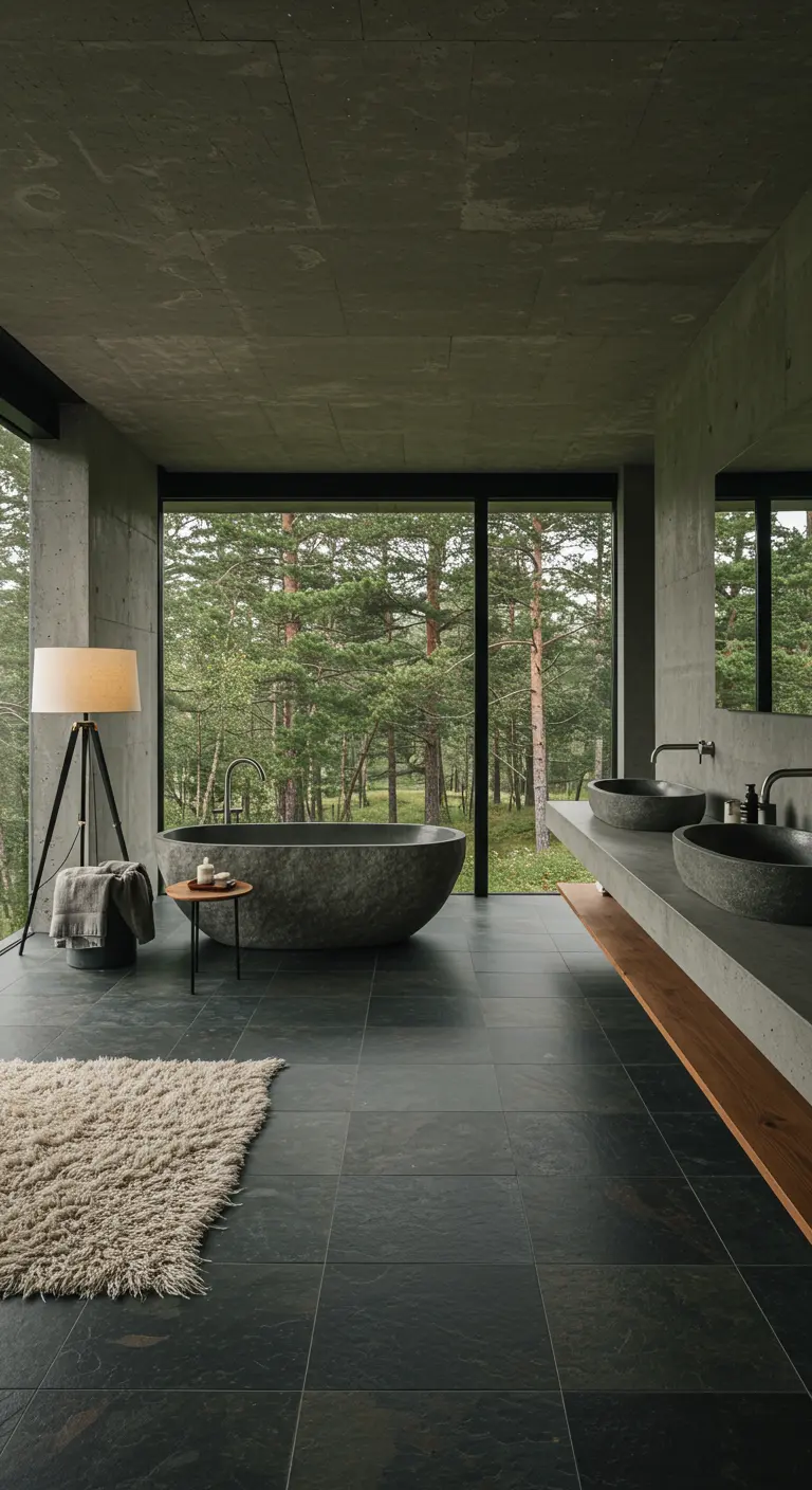 Wabi-sabi badkamer met betonnen muren, groot raam met uitzicht op bos en stenen bad.