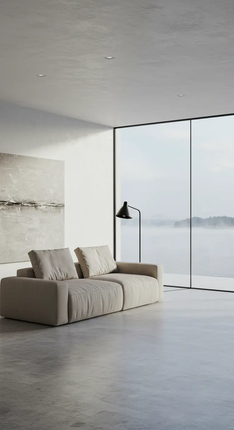 Minimalistische woonkamer met beige bank en groot raam met mistig uitzicht.