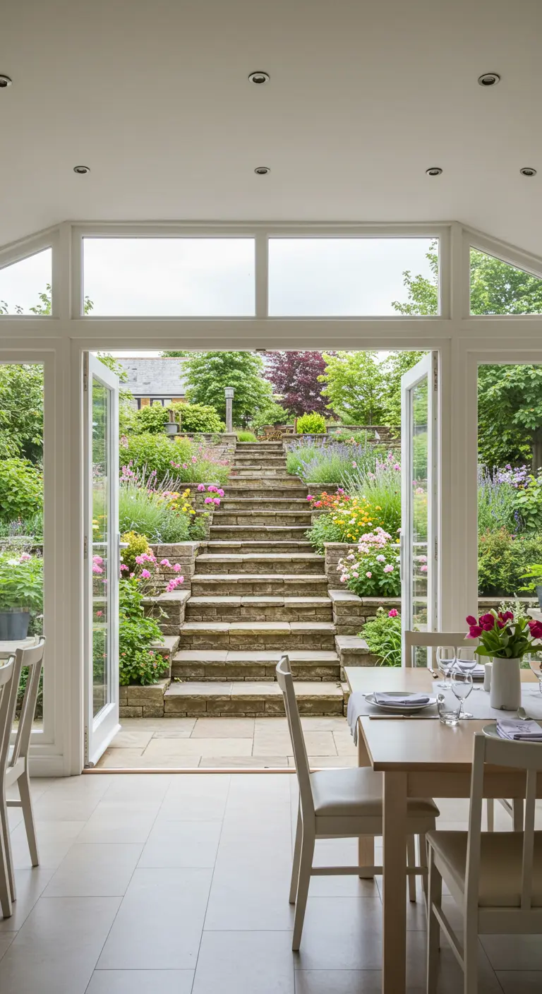 Eetkamer met openslaande deuren naar tuin met stenen trappen