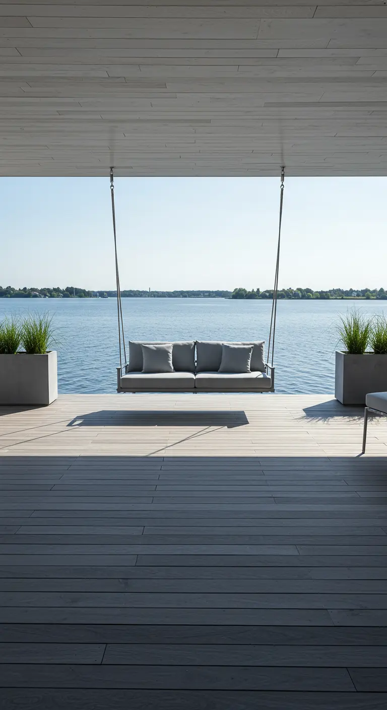Minimalistische grijze schommelbank met kussens op een houten vlonder met uitzicht op een meer.