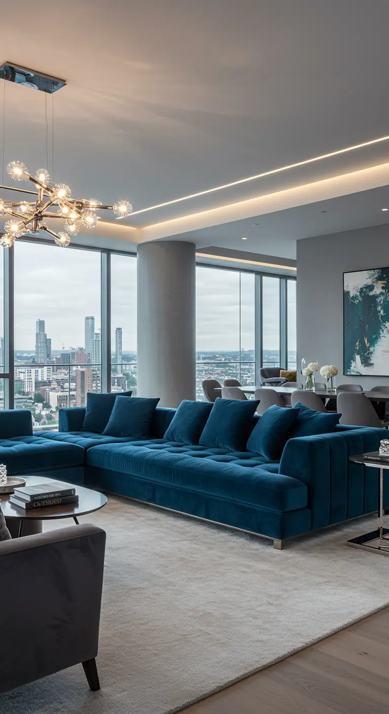 Grote blauwe fluwelen hoekbank in luxe woonkamer met panoramisch uitzicht.