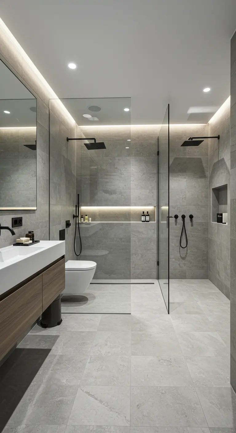 Moderne badkamer met dubbele douche, grijze tegels, zwarte kranen en indirecte LED-verlichting.