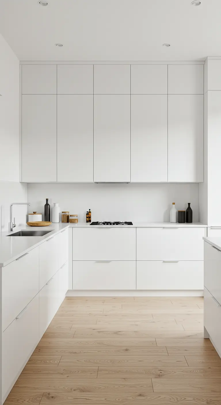 Strakke witte greeploze keuken met lichte houten vloer.