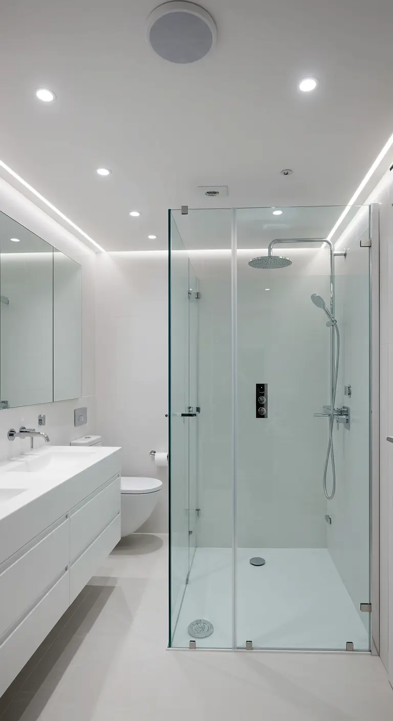 Witte, ultra-minimalistische badkamer met frameloze glazen douche.