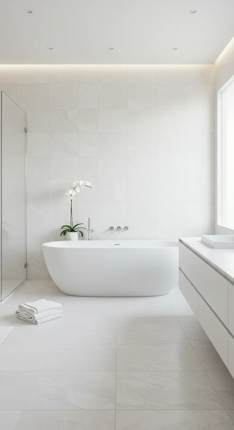 Spatheldere witte badkamer met grote witte tegels, vrijstaand bad en orchidee.